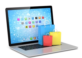laptop and  shopping pags on white background. 3d rendering.