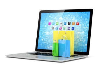 laptop and  shopping pags on white background. 3d rendering.