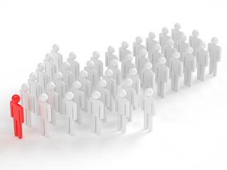 Many 3d people figure in arrow shape with the leader in front. 3d rendering.