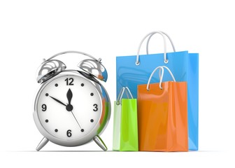 alarm clock and shopping bag (time to buy concept). 3d rendering.