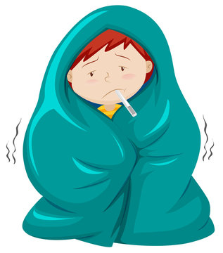 Kid under blanket having fever