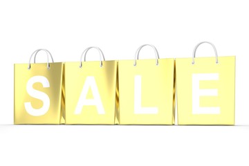 sale written on gold shopping bag. 3d rendering.