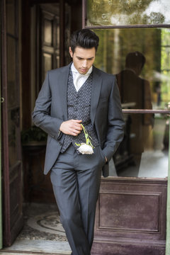 Handsome Bridegroom In Grey Suit