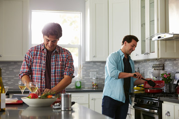Man chopping while his boyfriend cooks ingredients in a pan