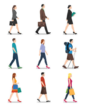 Side view of men and women walking. People walking illustration.