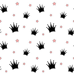 cute lovely black crown and pink stars seamless vector pattern background illustration
