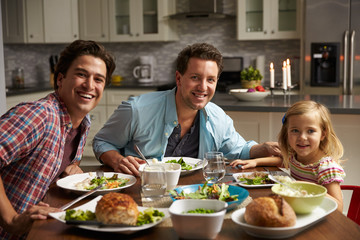 Male gay couple and daughter dining at home look to camera