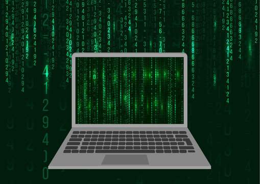 Laptop Icon On Matrix Background. Flat Design. Web Developer Coding Concept. Vector Illustration. 