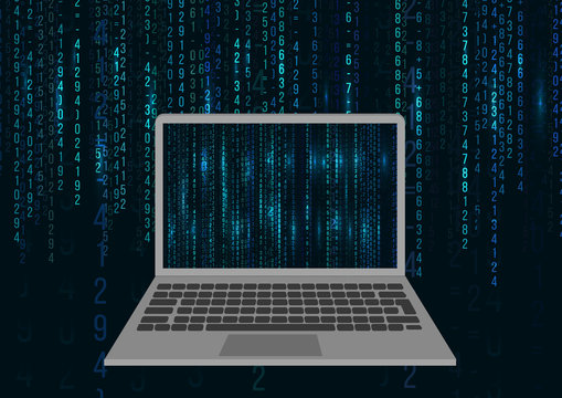 Laptop Icon On Matrix Background. Flat Design. Web Developer Coding Concept. Vector Illustration. 