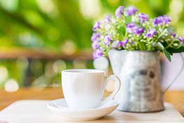 espresso coffee cup on wooden table ,soft focus