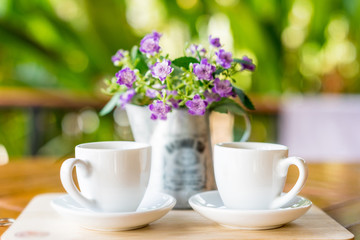 espresso coffee cup on wooden table ,soft focus