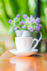 espresso coffee cup on wooden table ,soft focus