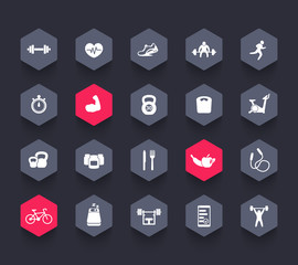 20 fitness icons, gym, sport, workout, training, pictograms, hexagon icons set, vector illustration