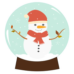 cute cartoon flat christmas snow globe isolated with snowman. vector illustration on white background