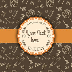 Seamless pattern with doodle bakery icon. Vintage bakery emblem. Hand drawn vintage background