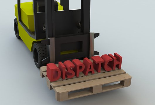 Dispatch, message on wooden pillet with forklift truck, 3D rendering