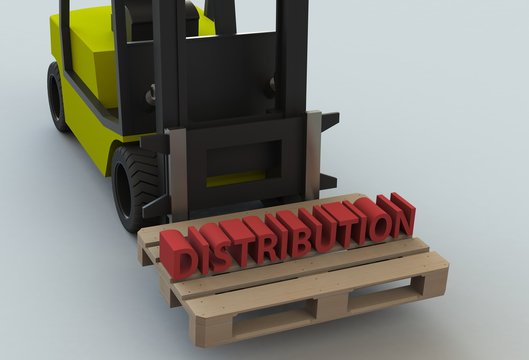 DISTRIBUTION, message on wooden pillet with forklift truck, 3D rendering