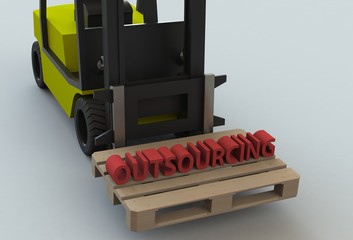 OUTSOURCING, message on wooden pillet with forklift truck, 3D rendering
