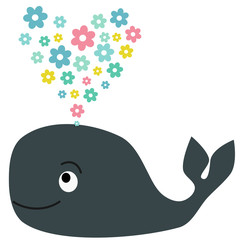 Obraz premium cute cartoon whale isolated on white background with heart flower vector illustration