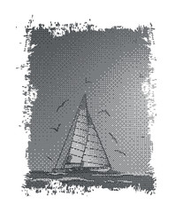 Abstract sailboat,seagull and sea.Vector.Suitable as label on a