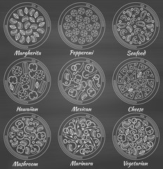 Set of round pizzas. Chalk board background. Vector illustration.