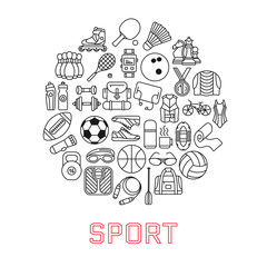 Circle made of line icons. Sport, fitness and recreation equipment. Rafting and kayaking. Simple design. Vector illustration