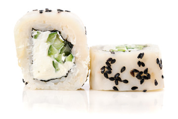 White fish, cream cheese, black sesame seeds and cucumber sushi