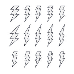 Set of lightning doodle isolated on white background, black silhouette, vector illustration