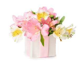 Beautiful bouquet of pink Alstroemeria in a gift box