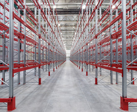  Industrial racks pallets shelves in huge empty warehouse interior.  Storage equipment.