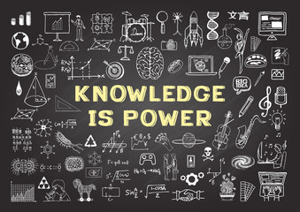 Hand drawn icons about KNOWLEDGE is power on chalkboard