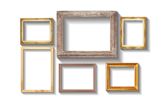Set of golden vintage wood frame with shadow, isolated on white
