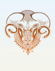 original sketch of head goat, decorative drawing in ethnic style