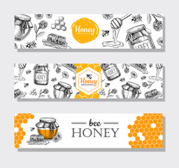 Vector hand drawn honey banners. Detailed honey engraved  illustation - 108963556