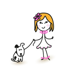 A girl walking with a dog. Vector sketch