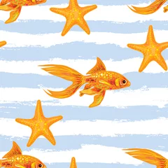 Fotobehang Goudvis Naadloos zeepatroon met gouden vissen en rode zeester. Zomer vector achtergrond. Perfect voor achtergronden, opvulpatronen, webpagina-achtergronden, oppervlaktestructuren, textiel