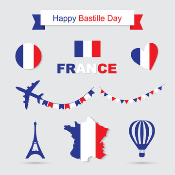  French flag and map icons set. Eiffel Tower icon