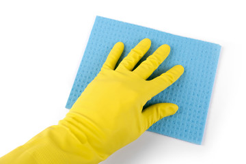 hand in rubber glove with blue sponge isolated on white