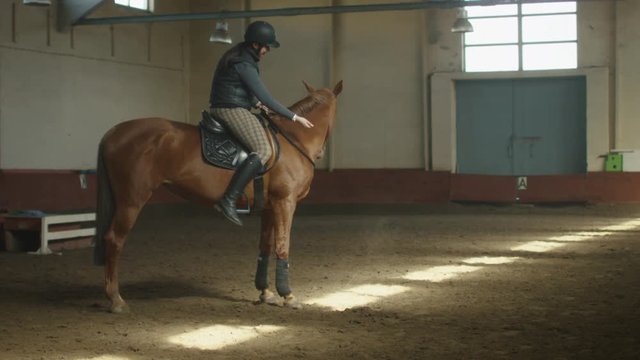 Young jockey girl is riding a brown horse