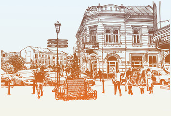 digital sketch vector illustration of Uzhgorod cityscape, Ukrain