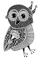 black and white original ethnic owl ink drawing