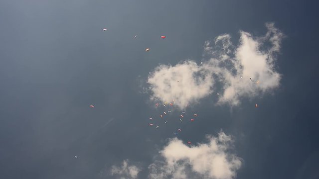 Upwards View Of Large Group Of People Paragliding In The Sky.