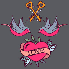 Old school tattoo flash pattern with roses, hearts, birds, keys and arrows. Valentines day or wedding design. Vector illustration