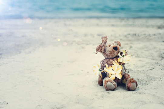 Teddy Bear with flowers sitting on the beach. Lens flare filter.