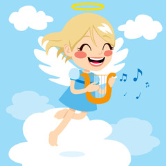 Cute little angel playing music with harp flying above clouds