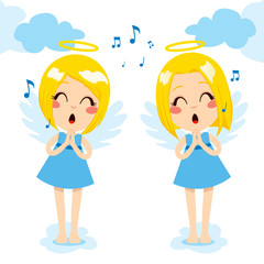 Two cute little blonde angels singing happy on heavenly clouds