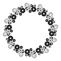 Round flower frame. Decorative flowers arranged on a shape of the wreath, for wedding invitations and birthday cards. Black and white vector clip art.