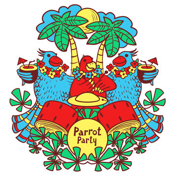 Vector illustration of parrot party. Cocktail parrot party in the tropics under the palm trees
