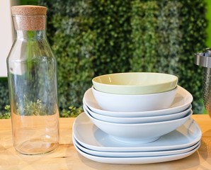 Set of Porcelain Dishes, Bowls Plates and Glass Bottle