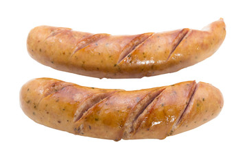 Two fried sausages isolate on white background